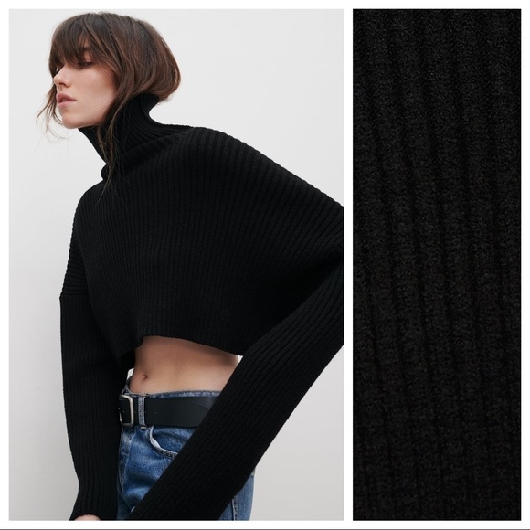 NWOT Zara Black Cropped Ribbed Sweater with High Collar. Size S. - Picture 3 of 10